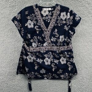 Womens Boho Peasant Blouse 14/16W Navy Floral Cottage Casual Tie Waist Everyday